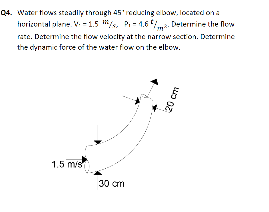 Q4. Water flows steadily through 45° reducing elbow, located on a
horizontal plane. V1 = 1.5 m/s, P1 = 4.6 m2. Determine the flow
rate. Determine the flow velocity at the narrow section. Determine
the dynamic force of the water flow on the elbow.
1.5 m/s
30 сm
20 cm
