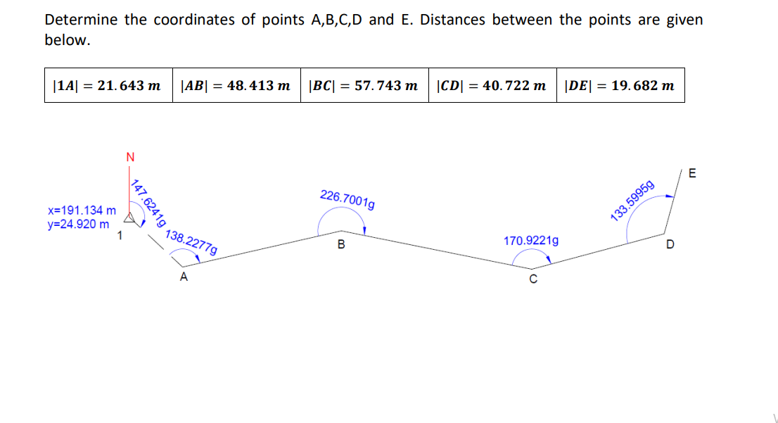 Determine the coordinates of points A,B,C,D and E. Distances between the points are given
below.
|14| = 21.643 m
|AB| = 48.413 m
|BC| = 57.743 m
|CD| = 40. 722 m
|DE| = 19.682 m
E
226.7001g
x=191.134 m
133.5995g
y=24.920 m
1
138.2277g
B
170.9221g
D
A
