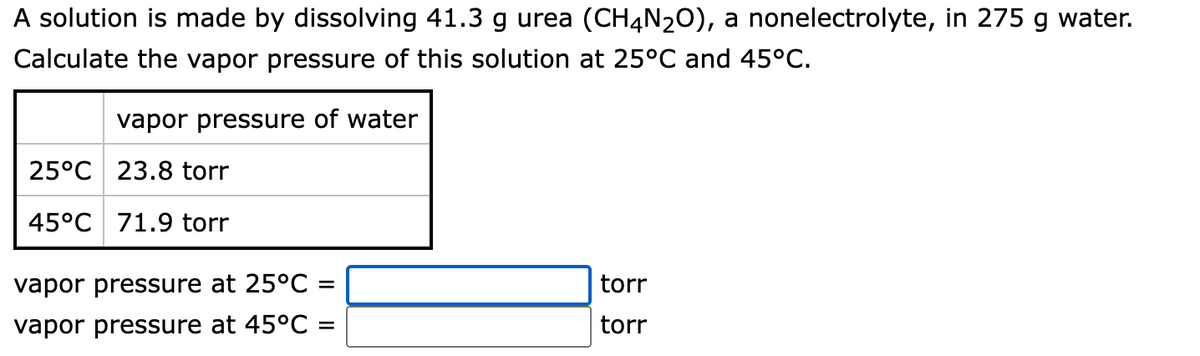 A solution is made by dissolving 41.3 g urea (CH4N20), a nonelectrolyte, in 275 g water.
Calculate the vapor pressure of this solution at 25°C and 45°C.
vapor pressure of water
25°C 23.8 torr
45°C 71.9 torr
vapor pressure at 25°C =
torr
vapor pressure at 45°C =
torr
