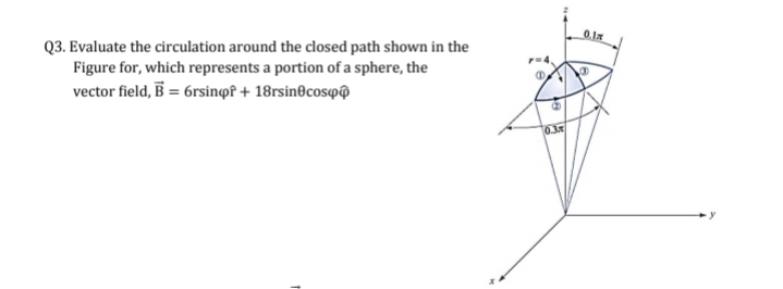 Q3. Evaluate the circulation around the closed path shown in the
Figure for, which represents a portion of a sphere, the
vector field, B = 6rsinopf + 18rsin cos
D
a
0.3.
0.1
O