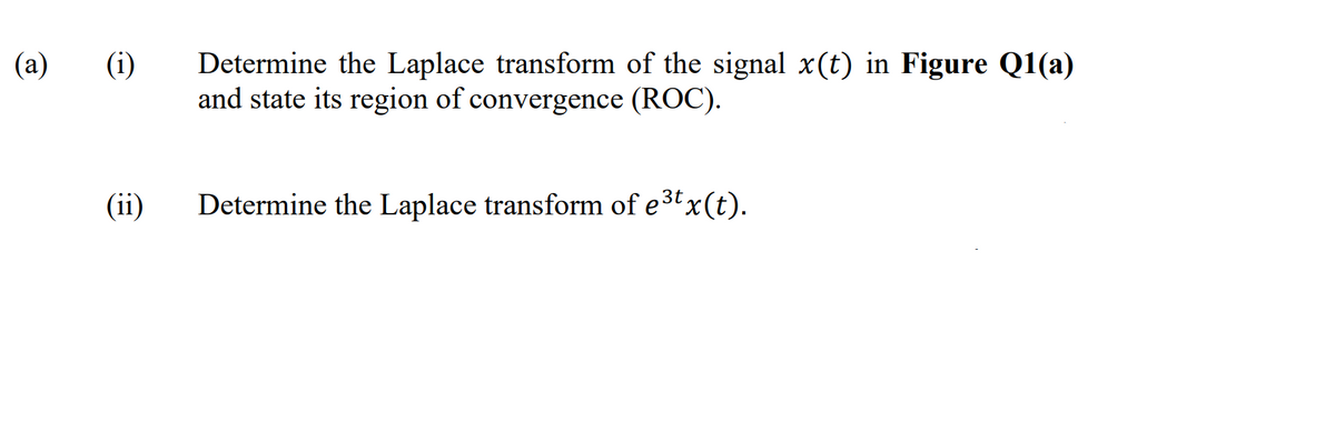 (a)
(i)
(ii)
Determine the Laplace transform of the signal x(t) in Figure Q1(a)
and state its region of convergence (ROC).
Determine the Laplace transform of e³tx(t).