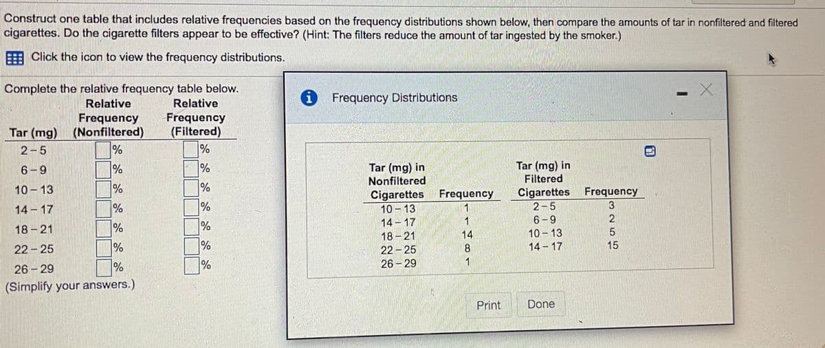 Construct one table that includes relative frequencies based on the frequency distributions shown below, then compare the amounts of tar in nonfiltered and filtered
cigarettes. Do the cigarette filters appear to be effective? (Hint: The filters reduce the amount of tar ingested by the smoker.)
Click the icon to view the frequency distributions.
Complete the relative frequency table below.
Relative
i
i Frequency Distributions
Relative
Frequency
Tar (mg) (Nonfiltered)
%
Frequency
(Filtered)
%
2-5
Tar (mg) in
Nonfiltered
Tar (mg) in
Filtered
6-9
%
10 13
%
Cigarettes Frequency
3
Frequency
Cigarettes
10 13
14 17
18-21
14 17
%
%
2-5
6-9
18-21
%
10 13
14 17
14
22-25
%
%
15
22 - 25
26 - 29
1
26 29
%
(Simplify your answers.)
Print
Done
