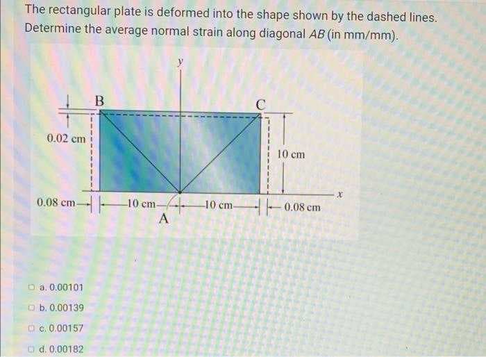 The rectangular plate is deformed into the shape shown by the dashed lines.
Determine the average normal strain along diagonal AB (in mm/mm).
B
C
0.02 cm
10 cm
0.08 cm
10 cm
10 cm
0.08 cm
A
O a. 0.00101
o b. 0.00139
O c. 0.00157
o d. 0.00182
