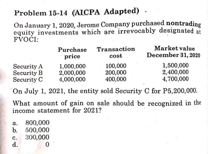 Problem 15-14 (AICPA Adapted)
On January 1, 2020, Jerome Company purchased nontrading
equity investments which are irrevocably designated at
FVOČI:
Market value
December 31, 2020
Transaction
Purchase
price
cost
Security A
Security B
Security C
1,000,000
2,000,000
4,000,000
100,000
200,000
400,000
1,500,000
2,400,000
4,700,000
On July 1, 2021, the entity sold Security C for P5,200,000.
What amount of gain on sale should be recognized in the
income statement for 2021?
800,000
b. 500,000
300,000
d.
а.
C.
