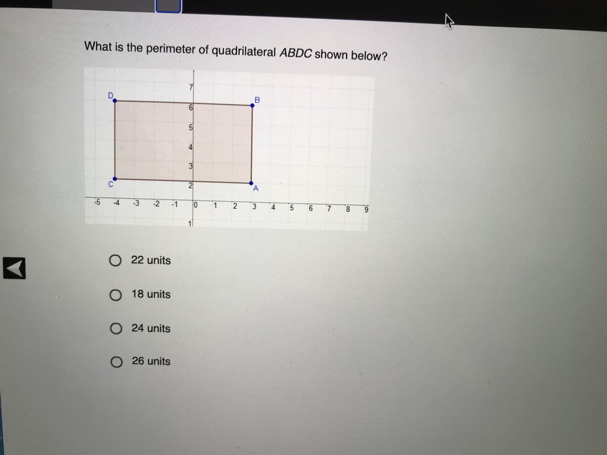 What is the perimeter of quadrilateral ABDC shown below?
D.
6.
4
-5
-4
-3
-1
1
4
9.
7
8
6.
O 22 units
O 18 units
O 24 units
O 26 units
A,
3,
2.
2.
2
