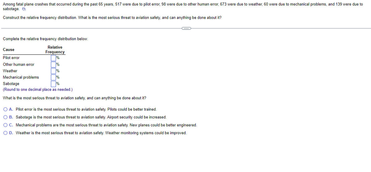 Among fatal plane crashes that occurred during the past 65 years, 517 were due to pilot error, 98 were due to other human error, 673 were due to weather, 60 were due to mechanical problems, and 139 were due to
sabotage.
Construct the relative frequency distribution. What is the most serious threat to aviation safety, and can anything be done about it?
Complete the relative frequency distribution below.
Relative
Frequency
Pilot error
%
11
Other human error
%
Weather
%
Mechanical problems
%
Sabotage
(Round to one decimal place as needed.)
What is the most serious threat to aviation safety, and can anything be done about it?
Cause
%
G
O A. Pilot error is the most serious threat to aviation safety. Pilots could be better trained.
O B. Sabotage is the most serious threat to aviation safety. Airport security could be increased.
O C. Mechanical problems are the most serious threat to aviation safety. New planes could be better engineered.
O D. Weather is the most serious threat to aviation safety. Weather monitoring systems could be improved.