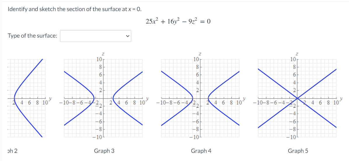 Identify and sketch the section of the surface at x = 0.
25x? + 16y? – 9z = 0
Type of the surface:
10
10
10
6.
6.
4
4
4
2
4 6 8 10°
-10-8-6-4/2,| 2\4 6 8 10°
-10-8-6–4/2
14 6 8 10°
-10-8–6–4.
2 4 6 8 10
-4
-4
-4
-6
-6
-6
-8
-10
-10
-10!
ph 2
Graph 3
Graph 4
Graph 5
