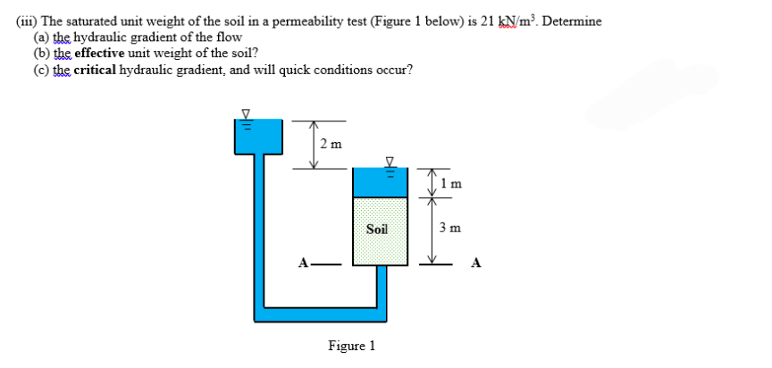 (iii) The saturated unit weight of the soil in a permeability test (Figure 1 below) is 21 kN/m³. Determine
(a) the hydraulic gradient of the flow
(b) the effective unit weight of the soil?
(c) the critical hydraulic gradient, and will quick conditions occur?
2m
Soil
Figure 1
1m
3 m
A