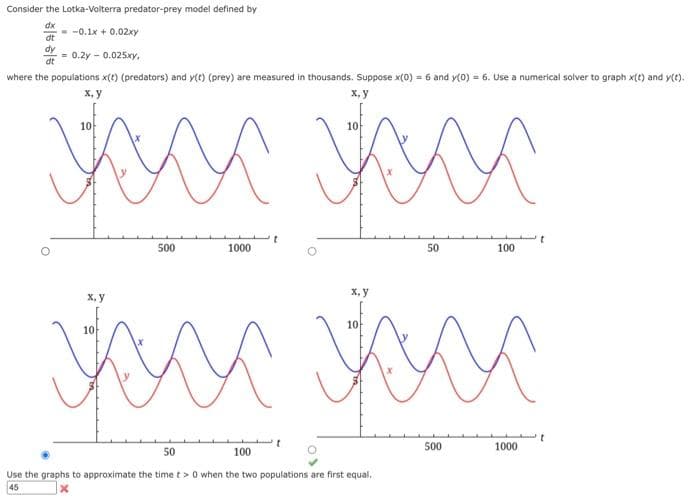 Consider the Lotka-Volterra predator-prey model defined by
dx
dt
dy
dt
= -0.1x + 0.02ху
= 0.2y - 0.025 у.
where the populations x(t) (predators) and y(t) (prey) are measured in thousands. Suppose x(0) = 6 and y(0) = 6. Use a numerical solver to graph x(t) and y(t).
x,y
x,y
и
Ж
500
жас
кои пос
x,y
x,y
10-
M
500
50
100
Use the graphs to approximate the time t> 0 when the two populations are first equal.
45
х
1000
Г
T
10
50
и
100
1000
.