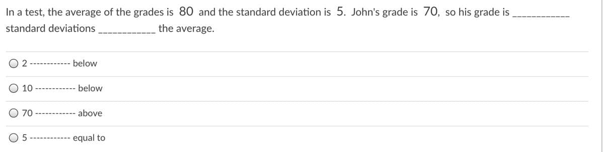 In a test, the average of the grades is 80 and the standard deviation is 5. John's grade is 70, so his grade is
standard deviations
the average.
2
below
10
--------- below
70
above
equal to
