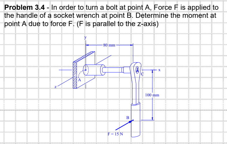 Problem 3.4- In order to turn a bolt at point A, Force F is applied to
www.m
māmīmēm
the handle of a socket wrench at point B. Determine the moment at
point A due to force F. (F is parallel to the z-axis)
dłumộn
P
80 mm
LL
Ell
5 N
10
X
100 mm
Imm
பூர்.