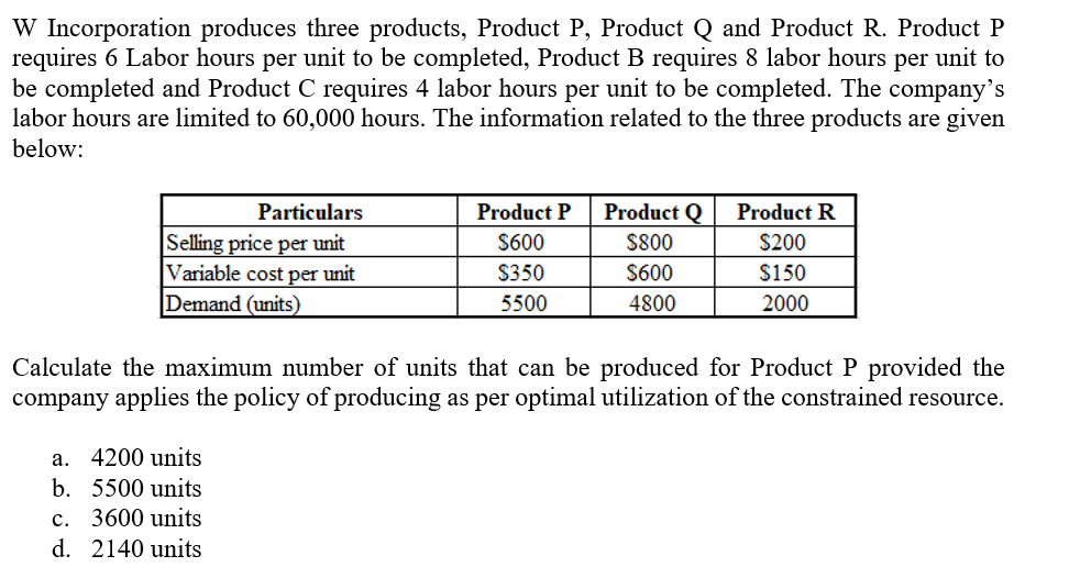 W Incorporation produces three products, Product P, Product Q and Product R. Product P
requires 6 Labor hours per unit to be completed, Product B requires 8 labor hours per unit to
be completed and Product C requires 4 labor hours per unit to be completed. The company's
labor hours are limited to 60,000 hours. The information related to the three products are given
below:
Particulars
Product P
Product Q
Product R
Selling price per unit
Variable cost per unit
Demand (units)
$600
$800
$200
$350
$600
$150
5500
4800
2000
Calculate the maximum number of units that can be produced for Product P provided the
company applies the policy of producing as per optimal utilization of the constrained resource.
a. 4200 units
b. 5500 units
c. 3600 units
d. 2140 units
