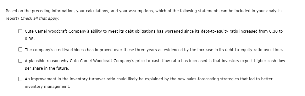 Based on the preceding information, your calculations, and your assumptions, which of the following statements can be included in your analysis
report? Check all that apply.
O Cute Camel Woodcraft Company's ability to meet its debt obligations has worsened since its debt-to-equity ratio increased from 0.30 to
0.38.
O The company's creditworthiness has improved over these three years as evidenced by the increase in its debt-to-equity ratio over time.
O A plausible reason why Cute Camel Woodcraft Company's price-to-cash-flow ratio has increased is that investors expect higher cash flow
per share in the future.
O An improvement in the inventory turnover ratio could likely be explained by the new sales-forecasting strategies that led to better
inventory management.
