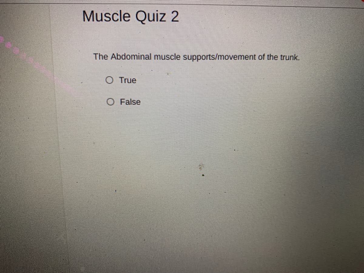 Muscle Quiz 2
The Abdominal muscle supports/movement of the trunk.
O True
O False
