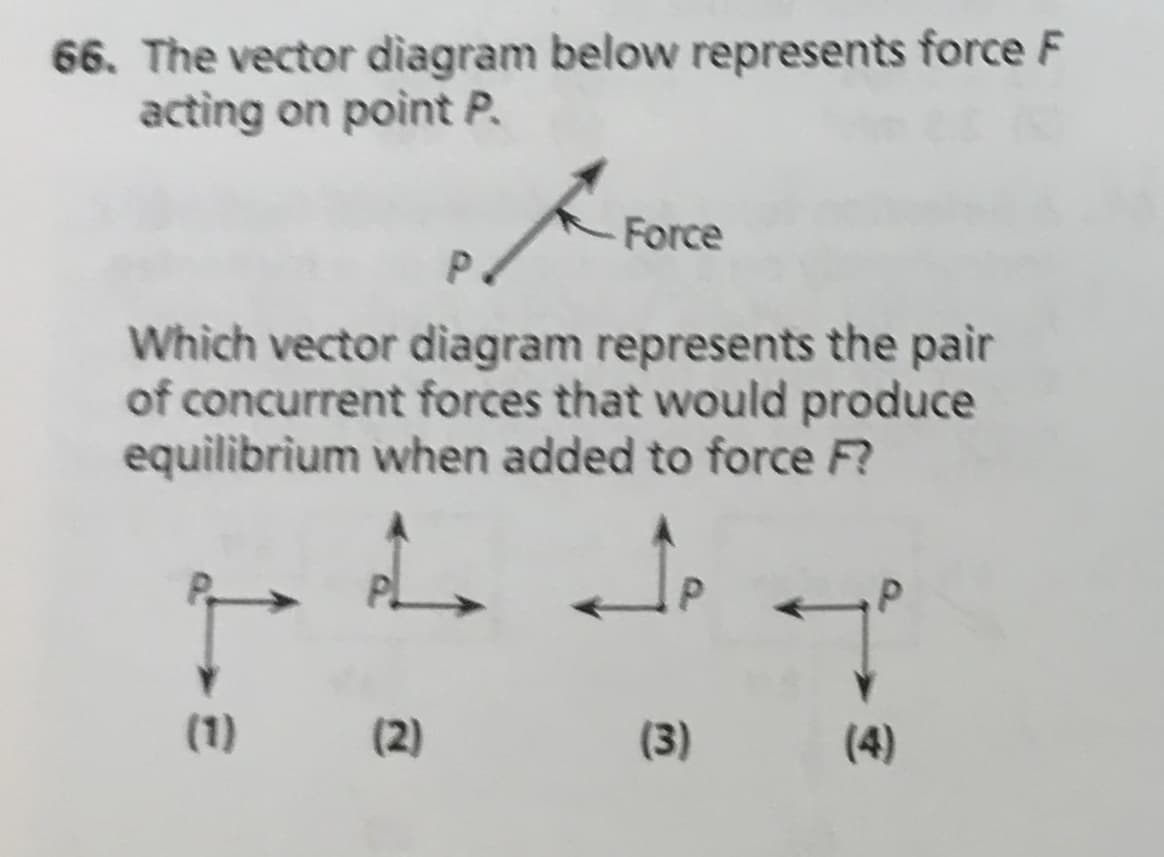 66. The vector diagram below represents force F
acting on point P
Force
P
Which vector diagram represents the pair
of concurrent forces that would produce
equilibrium when added to force F?
P
(1)
(2)
(3)
(4)
