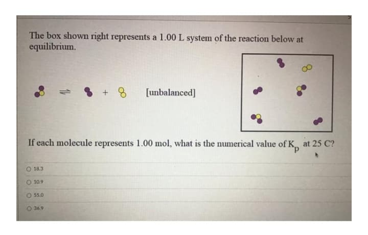 The box shown right represents a 1.00 L system of the reaction below at
equilibrium.
[unbalanced]
If each molecule represents 1.00 mol, what is the numerical value of K
at 25 C?
O 18.3
O 10.9
O 55.0
O 36.9
