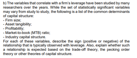 b) The variables that correlate with a firm's leverage have been studied by many
researchers over the years. While the set of statistically significant variables
may vary from study to study, the following is a list of the common determinants
of capital structure:
- Firm size;
- Asset tangibility;
- Profitability;
- Market-to-book (MTB) ratio;
- Industry capital structure.
For each of these variables, describe the sign (positive or negative) of the
relationship that is typically observed with leverage. Also, explain whether such
a relationship is expected based on the trade-off theory, the pecking order
theory or other theories of capital structure.
