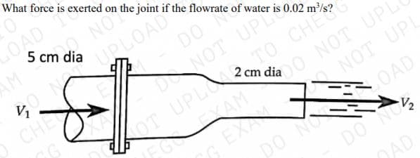 What force is exerted on the joint if the flowrate of water is 0.02 1
OAD T
5 cm dia
AM
NO
T
LOAD
DO N
NOT UPI
dOT UPLO TO CHE
FGOLEXAM
EXA
po No
V1
CHE
dia 0 NOT UPL
NOT UPL
OAD
DO NOS
DAD
