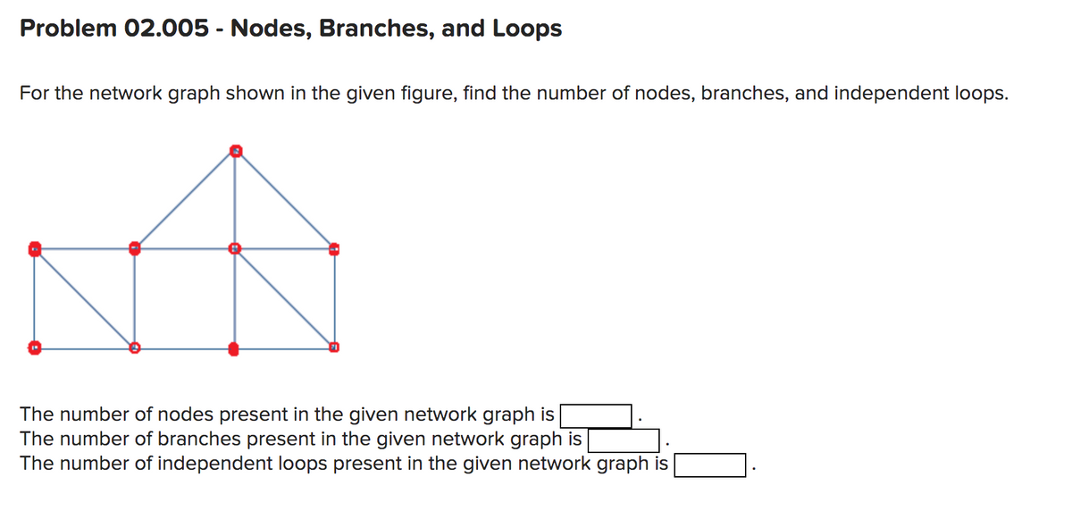 Problem 02.005 - Nodes, Branches, and Loops
For the network graph shown in the given figure, find the number of nodes, branches, and independent loops.
A
The number of nodes present in the given network graph is
The number of branches present in the given network graph is
The number of independent loops present in the given network graph is