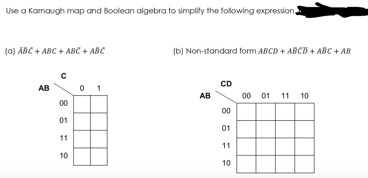 Use a Karnaugh map and Boolean algebra to simplify the following expression
(a) ĀBC + ABC + ABC + ABC
(b) Non-standard form ABCD + ABCD + ABC + AB
C
CD
АВ
0 1
АВ
00
01 11
10
00
00
01
01
11
11
10
10
