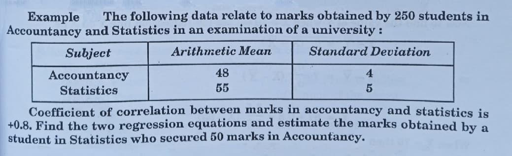 The following data relate to marks obtained by 250 students in
Example
Accountancy and Statistics in an examination of a university :
Subject
Arithmetic Mean
Standard Deviation
Accountancy
48
4
Statistics
55
Coefficient of correlation between marks in accountancy and statistics is
+0.8. Find the two regression equations and estimate the marks obtained by a
student in Statistics who secured 50 marks in Accountancy.
