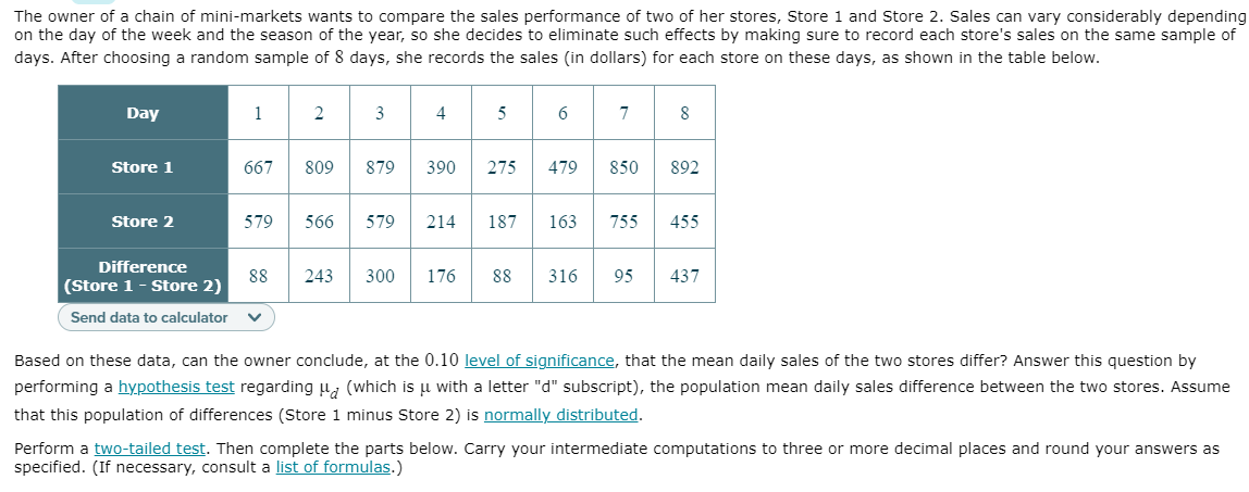 The owner of a chain of mini-markets wants to compare the sales performance of two of her stores, Store 1 and Store 2. Sales can vary considerably depending
on the day of the week and the season of the year, so she decides to eliminate such effects by making sure to record each store's sales on the same sample of
days. After choosing a random sample of 8 days, she records the sales (in dollars) for each store on these days, as shown in the table below.
Day
1
3
4
6
7
Store 1
667
809
879
390
275
479
850
892
Store 2
579
566
579
214
187
163
755
455
Difference
88
243
300
176
88
316
95
437
(Store 1 - Store 2)
Send data to calculator
Based on these data, can the owner conclude, at the 0.10 level of significance, that the mean daily sales of the two stores differ? Answer this question by
performing a hypothesis test regarding u, (which is u with a letter "d" subscript), the population mean daily sales difference between the two stores. Assume
that this population of differences (Store 1 minus Store 2) is normally distributed.
Perform a two-tailed test. Then complete the parts below. Carry your intermediate computations to three or more decimal places and round your answers as
specified. (If necessary, consult a list of formulas.)
