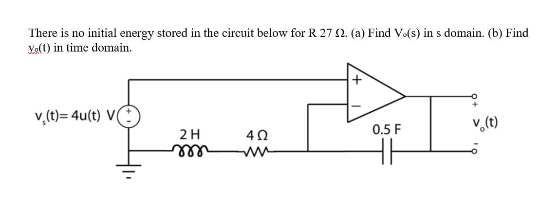 There is no initial energy stored in the circuit below for R 27 2. (a) Find Vo(s) in s domain. (b) Find
Vo(t) in time domain.
v,(t)= 4u(t) V(
2 H
0.5 F
v,(t)
ell
