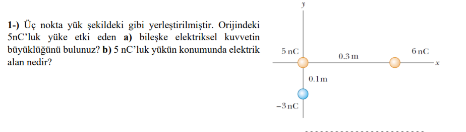 1-) Üç nokta yük şekildeki gibi yerleştirilmiştir. Orijindeki
5nC’luk yüke etki eden a) bileşke elektriksel kuvvetin
büyüklüğünü bulunuz? b) 5 nC'luk yükün konumunda elektrik
5 nC
6 nC
0.3 m
alan nedir?
0.1m
-3 nC
