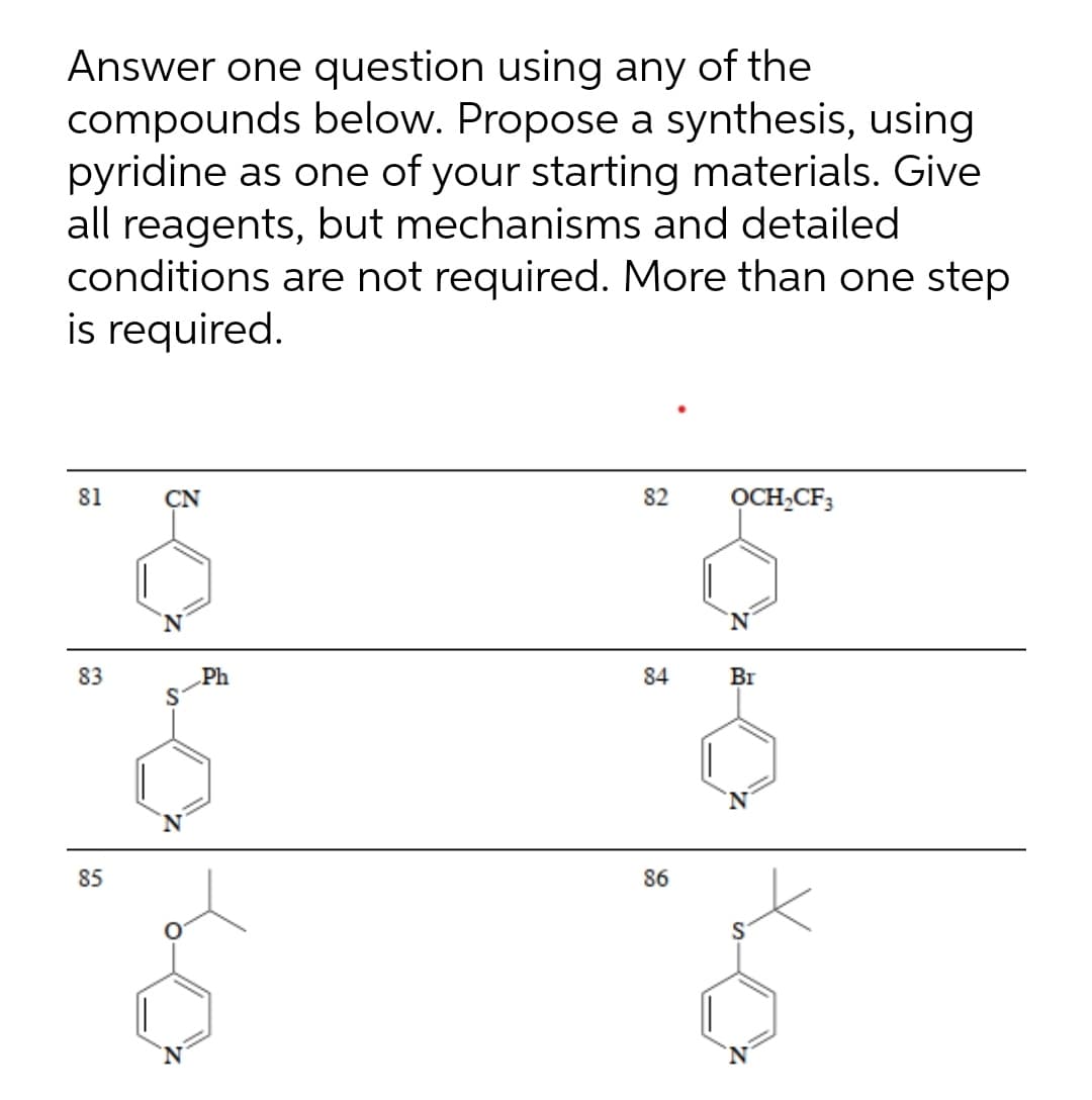 Answer one question using any of the
compounds below. Propose a synthesis, using
pyridine as one of your starting materials. Give
all reagents, but mechanisms and detailed
conditions are not required. More than one step
is required.
81
CN
82
OCH,CF;
83
„Ph
84
Br
85
86
