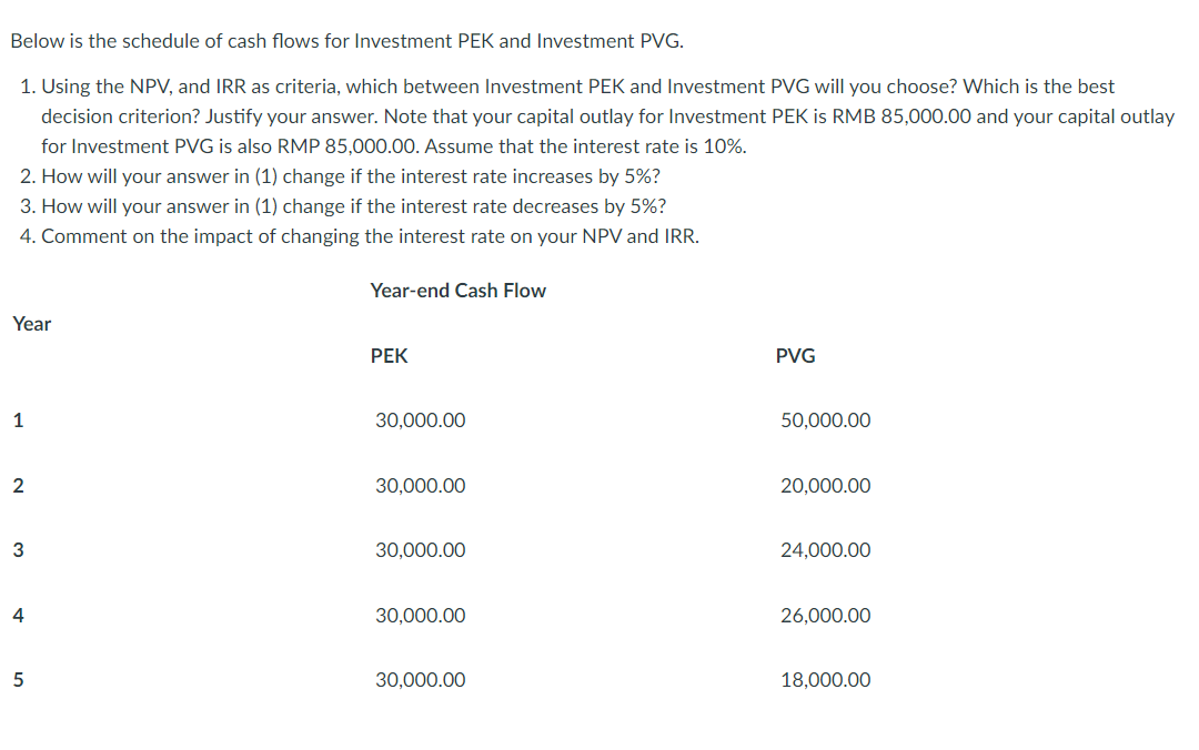 Below is the schedule of cash flows for Investment PEK and Investment PVG.
1. Using the NPV, and IRR as criteria, which between Investment PEK and Investment PVG will you choose? Which is the best
decision criterion? Justify your answer. Note that your capital outlay for Investment PEK is RMB 85,000.00 and your capital outlay
for Investment PVG is also RMP 85,000.00. Assume that the interest rate is 10%.
2. How will your answer in (1) change if the interest rate increases by 5%?
3. How will your answer in (1) change if the interest rate decreases by 5%?
4. Comment on the impact of changing the interest rate on your NPV and IRR.
Year-end Cash Flow
Year
PEK
PVG
1
30,000.00
50,000.00
2
30,000.00
20,000.00
30,000.00
24,000.00
4
30,000.00
26,000.00
5
30,000.00
18,000.00
