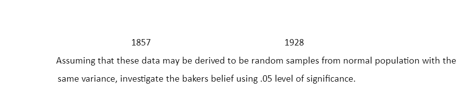 1857
1928
Assuming that these data may be derived to be random samples from normal population with the
same variance, investigate the bakers belief using .05 level of significance.

