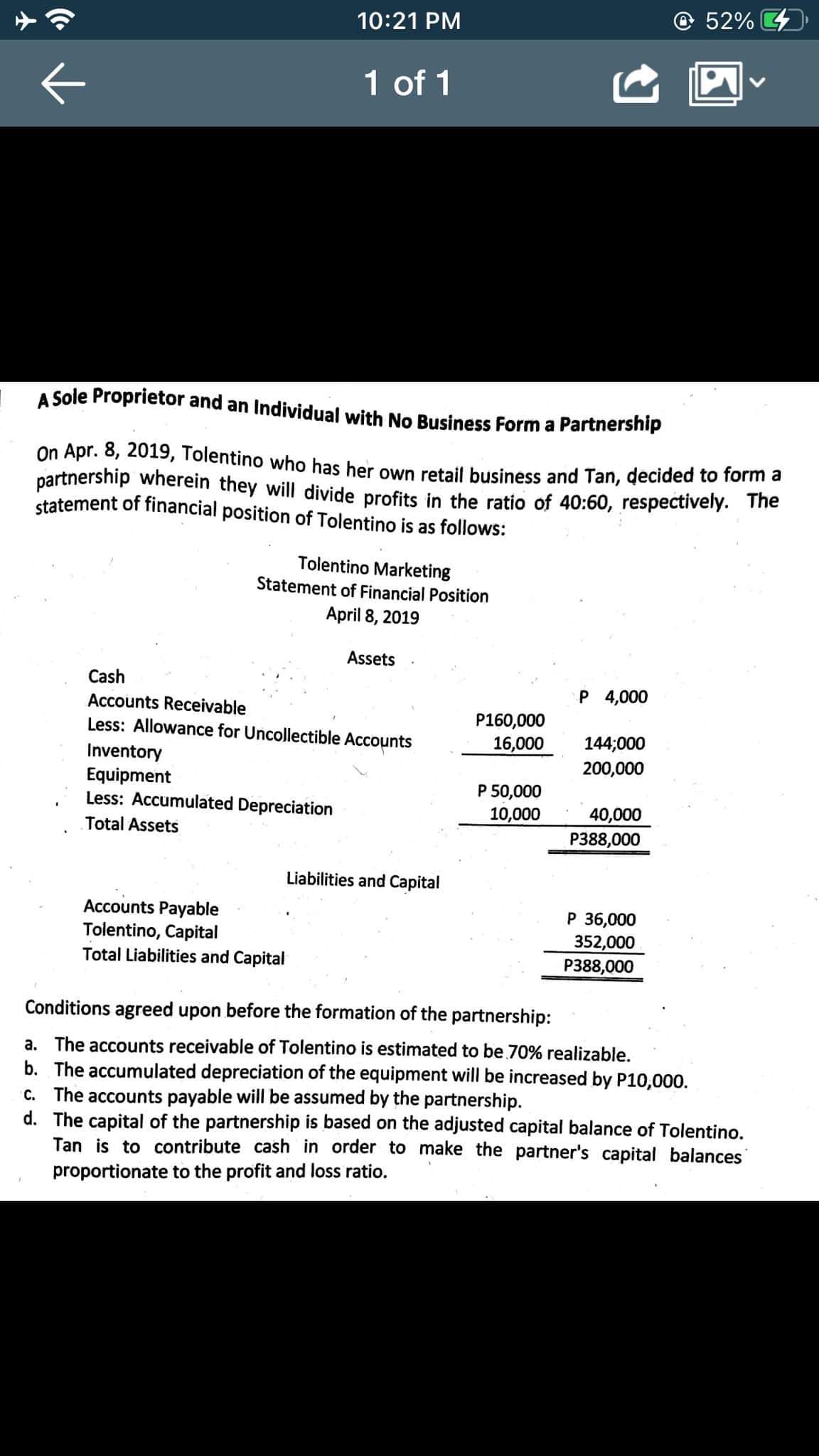 10:21 PM
52%
1 of 1
A Sole Proprietor and an Individual with No Business Form a Partnership
On Apr. 8, 2019, Tolentino who has her own retail business and Tan, decided to form a
partnership wherein they will divide profits in the ratio of 40:60, respectively. The
statement of financial position of Tolentino is as follows:
Tolentino Marketing
Statement of Financial Position
April 8, 2019
Assets
Cash
P 4,000
Accounts Receivable
Less: Allowance for Uncollectible Accounts
P160,000
16,000
144;000
Inventory
Equipment
Less: Accumulated Depreciation
200,000
P 50,000
40,000
P388,000
10,000
Total Assets
Liabilities and Capital
Accounts Payable
Tolentino, Capital
Total Liabilities and Capital
P 36,000
352,000
P388,000
Conditions agreed upon before the formation of the partnership:
a. The accounts receivable of Tolentino is estimated to be 70% realizable.
b. The accumulated depreciation of the equipment will be increased by P10,000.
c. The accounts payable will be assumed by the partnership.
d. The capital of the partnership is based on the adjusted capital balance of Tolentino.
Tan is to contribute cash in order to make the partner's capital balances
proportionate to the profit and loss ratio.
