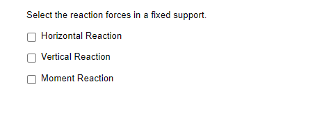 Select the reaction forces in a fixed support.
Horizontal Reaction
Vertical Reaction
Moment Reaction
