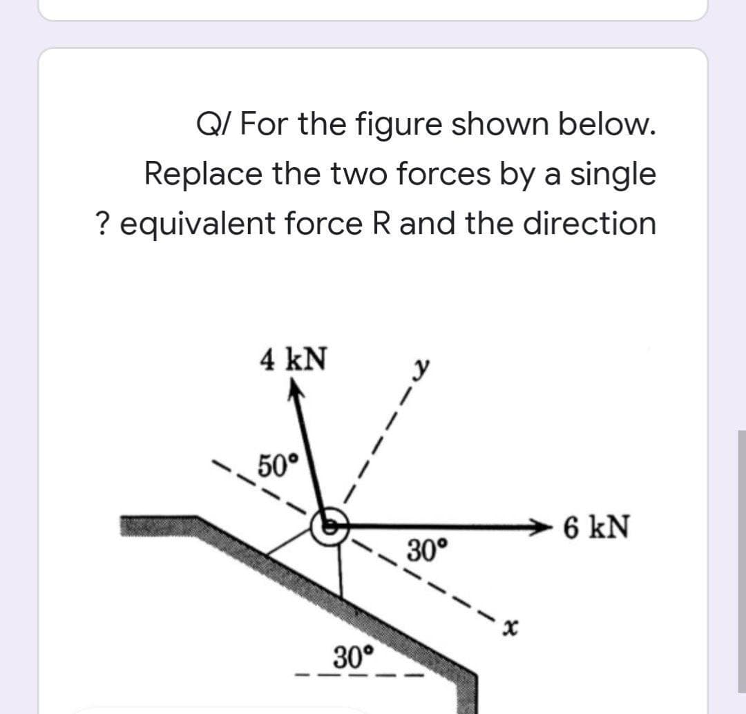 Q/ For the figure shown below.
Replace the two forces by a single
? equivalent force R and the direction
4 kN
y
50°
6 kN
30°
30°
