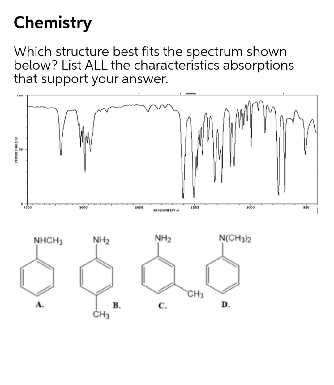 Chemistry
Which structure best fits the spectrum shown
below? List ALL the characteristics absorptions
that support your answer.
4D00
3000
eoon
1500
1000
so
NAVENUMB ERI
NHCH3
NH2
NH2
N(CH3)2
CH3
В.
ČH3
А.
C.
D.
TFANSMETTRNCEII

