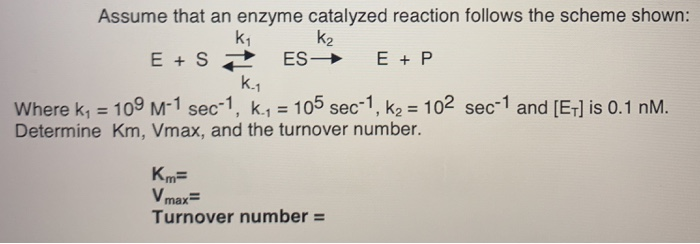 Assume that an enzyme catalyzed reaction follows the scheme shown:
k1
k2
ES
k.1
E + S
E + P
Where k, = 109 M-1 sec-1, k., = 105 sec-1, k2 = 102 sec-1 and [ET] is 0.1 nM.
Determine Km, Vmax, and the turnover number.
Km=
V max=
Turnover number =
