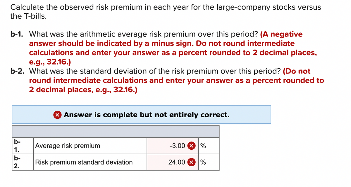 Calculate the observed risk premium in each year for the large-company stocks versus
the T-bills.
b-1. What was the arithmetic average risk premium over this period? (A negative
answer should be indicated by a minus sign. Do not round intermediate
calculations and enter your answer as a percent rounded to 2 decimal places,
e.g., 32.16.)
b-2. What was the standard deviation of the risk premium over this period? (Do not
round intermediate calculations and enter your answer as a percent rounded to
2 decimal places, e.g., 32.16.)
b-
1.
b-
2.
> Answer is complete but not entirely correct.
Average risk premium
Risk premium standard deviation
-3.00 × %
24.00 × %