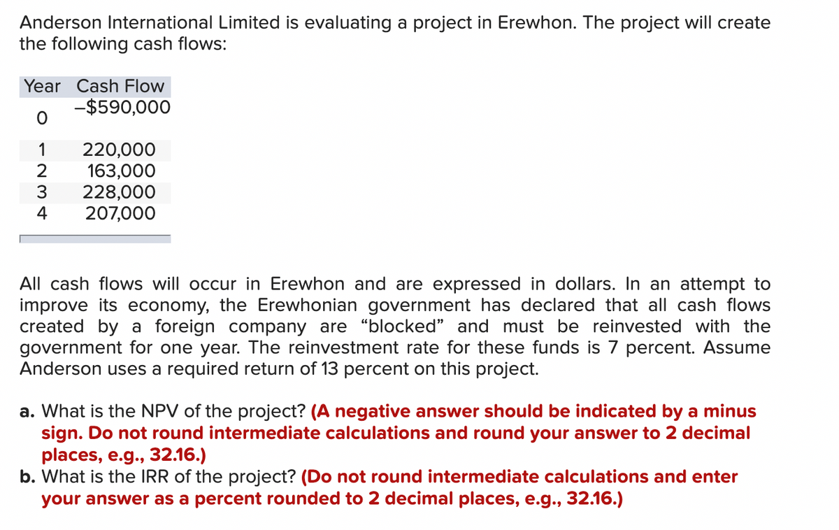 Anderson International Limited is evaluating a project in Erewhon. The project will create
the following cash flows:
Year Cash Flow
-$590,000
O
1
2
3
4
220,000
163,000
228,000
207,000
All cash flows will occur in Erewhon and are expressed in dollars. In an attempt to
improve its economy, the Erewhonian government has declared that all cash flows
created by a foreign company are "blocked" and must be reinvested with the
government for one year. The reinvestment rate for these funds is 7 percent. Assume
Anderson uses a required return of 13 percent on this project.
a. What is the NPV of the project? (A negative answer should be indicated by a minus
sign. Do not round intermediate calculations and round your answer to 2 decimal
places, e.g., 32.16.)
b. What is the IRR of the project? (Do not round intermediate calculations and enter
your answer as a percent rounded to 2 decimal places, e.g., 32.16.)