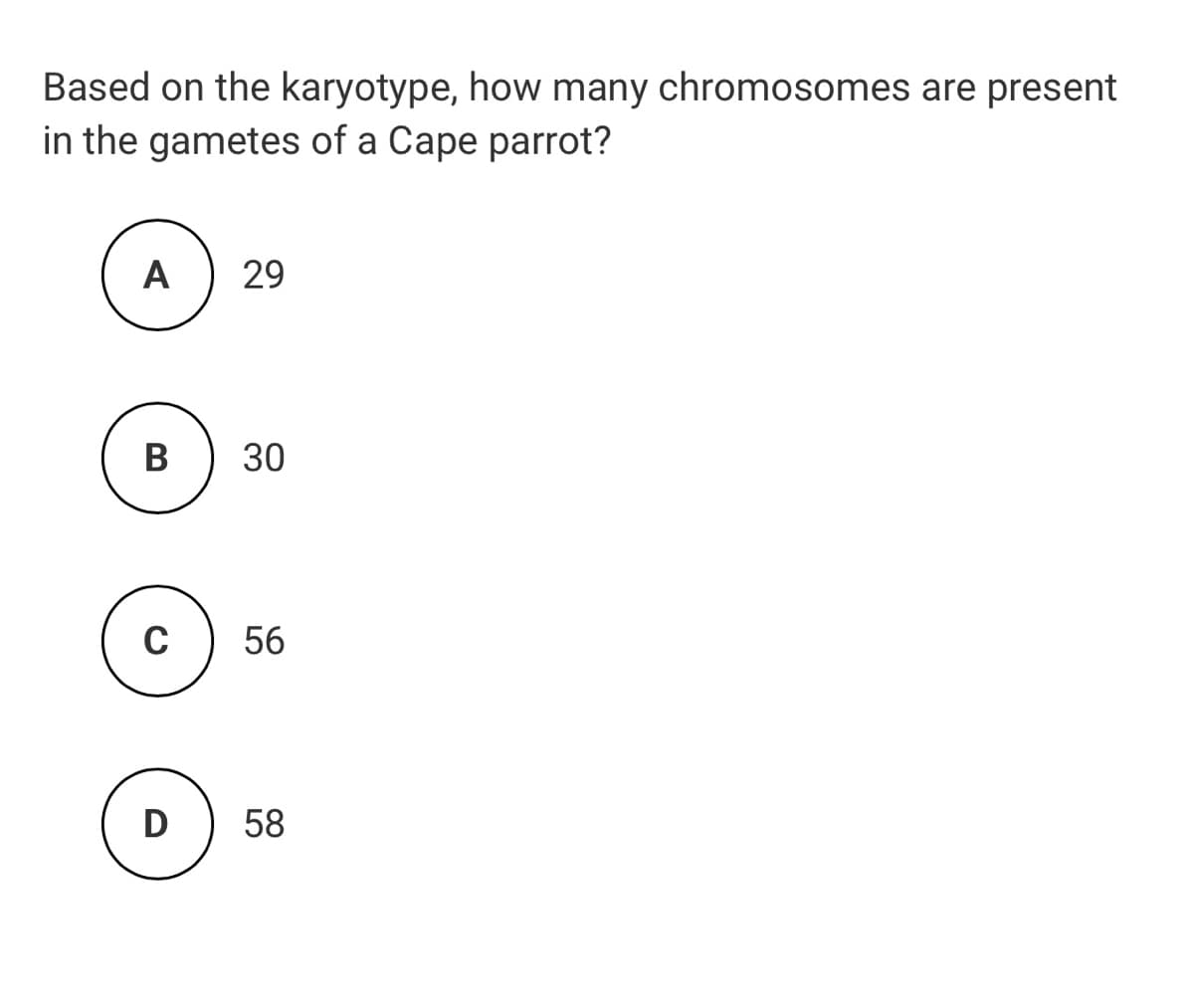 Based on the karyotype, how many chromosomes are present
in the gametes of a Cape parrot?
A
29
B
30
C
56
D
58

