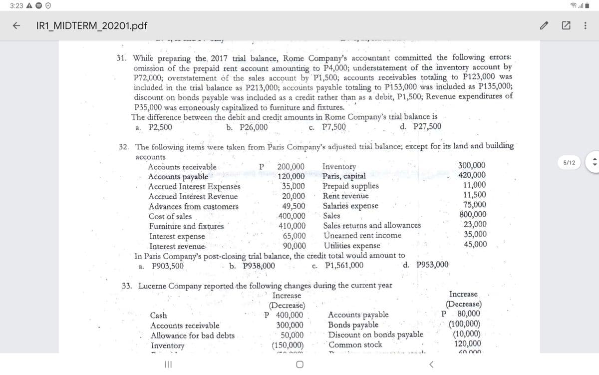 3:23
IR1_MIDTERM_20201.pdf
31. While preparing the, 2017 trial balance, Rome Company's accountant committed the following errors:
omission of the prepaid rent account amounting to P4,000; understatement of the inventory account by
P72,000; overstatement of the sales account by P1,500; accounts receivables totaling to P123,000 was
included in the trial balance as P213,000; accounts payable totaling to P153,000 was included as P135,000;
discount on bonds payable was included as a credit rather than as a debit, P1,500; Revenue expenditures of
P35,000 was erroneously capitalized to furniture and fixtures.
The difference between the debit and credit amounts in Rome Company's trial balance is
а. Р2,500
b. P26,000
c. P7,500
d. P27,500
32. The following items were taken from Paris Company's adjusted trial balance; except for its land and building
accounts
5/12
200,000
120,000
35,000
20,000
49,500
400,000
410,000
65,000
90,000
In Paris Company's post-closing trial balance, the credit total would amount to
300,000
420,000
11,000
11,500
75,000
800,000
23,000
35,000
45,000
Accounts receivable
Accounts payable
Accrued Interest Expenses
Accrued Interest Revenue
Inventory
Paris, capital
Prepaid supplies
Rent revenue
Salaries expense
P
Advances from customers
Cost of sales
Sales
Furniture and fixtures
Interest expense
Sales returns and allowances
Unearned rent income
Utilities expense
Interest revenue.
a. P903,500
b. Р938,000
с. Р1,561,000
d. P953,000
33. Lucerne Cómpany reported the following changes during the current year
Increase
Increase
(Decrease)
P 400,000
300,000
50,000
(150,000)
Accounts payable
Bonds payable
Discount on bonds payable
Common stock
(Decrease)
80,000
(100,000)
(10,000)
120,000
Cash
Accounts receivable
Allowance for bad debts
Inventory
60 000.
