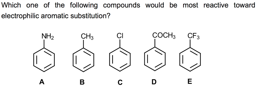 Which one of the following compounds would be most reactive toward
electrophilic aromatic substitution?
NH2
CH3
CI
СОСНЗ
CF3
A
D E
B
