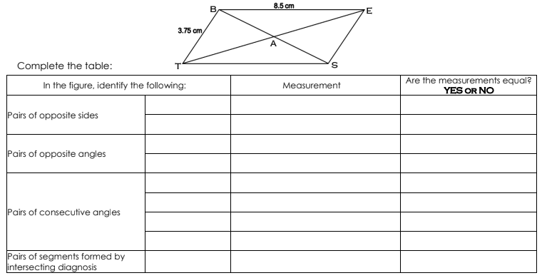 8.5 cm
3.75 cm
A
Complete the table:
T
In the figure, identify the following:
Are the measurements equal?
YES OR NO
Measurement
Pairs of opposite sides
Pairs of opposite angles
Pairs of consecutive angles
Pairs of segments formed by
lintersecting diagnosis
