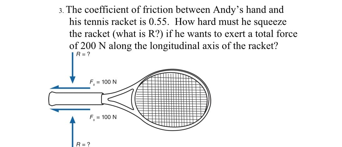 3. The coefficient of friction between Andy's hand and
his tennis racket is 0.55. How hard must he squeeze
the racket (what is R?) if he wants to exert a total force
of 200 N along the longitudinal axis of the racket?
R = ?
F = 100 N
F = 100 N
R = ?
