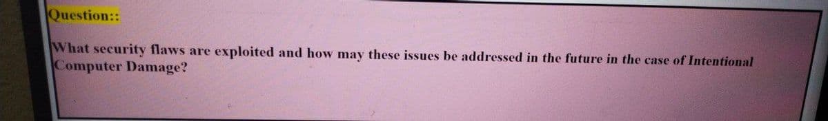 Question::
What security flaws are exploited and how may these issues be addressed in the future in the case of Intentional
Computer Damage?
