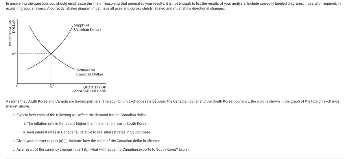 In answering the question, you should emphasize the line of reasoning that generated your results; it is not enough to list the results of your analysis. Include correctly labeled diagrams, if useful or required, in
explaining your answers.
correctly labeled diagram must have all axes and curves clearly labeled and must show directional changes.
Supply of
Canadian Dollars
Demand for
Canadian Dollars
QUANTITY OF
CANADIAN DOLLARS
Assume that South Korea and Canada are trading partners. The equilibrium exchange rate between the Canadian dollar and the South Korean currency, the won, is shown in the graph of the foreign exchange
market, above.
a. Explain how each of the following will affect the demand for the Canadian dollar.
i. The inflation rate in Canada is higher than the inflation rate in South Korea.
ii. Real interest rates in Canada fall relative to real interest rates in South Korea.
b. Given your answer to part (a)(ii), indicate how the value of the Canadian dollar is affected.
c. As a result of the currency change in part (b), what will happen to Canadian exports to South Korea? Explain.
WON/CANADIAN
DOLLAR
