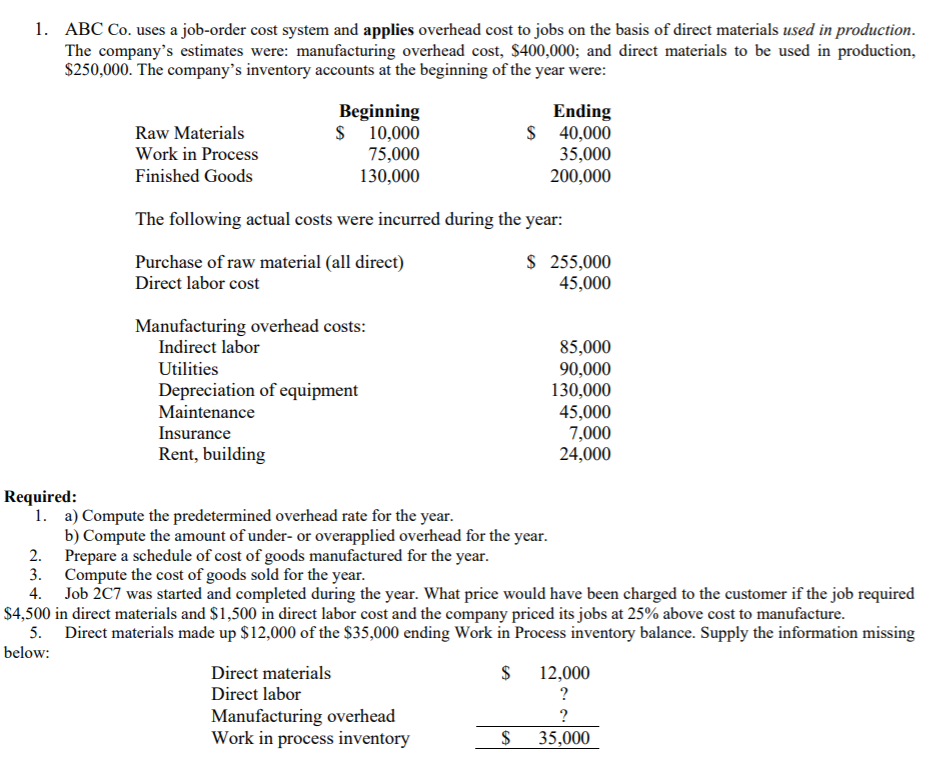 1. ABC Co. uses a job-order cost system and applies overhead cost to jobs on the basis of direct materials used in production.
The company's estimates were: manufacturing overhead cost, $400,000; and direct materials to be used in production,
$250,000. The company’s inventory accounts at the beginning of the year were:
Beginning
$ 10,000
75,000
130,000
Ending
$ 40,000
35,000
200,000
Raw Materials
Work in Process
Finished Goods
The following actual costs were incurred during the year:
Purchase of raw material (all direct)
Direct labor cost
$ 255,000
45,000
Manufacturing overhead costs:
Indirect labor
85,000
90,000
130,000
45,000
7,000
24,000
Utilities
Depreciation of equipment
Maintenance
Insurance
Rent, building
Required:
1. a) Compute the predetermined overhead rate for the year.
b) Compute the amount of under- or overapplied overhead for the year.
2. Prepare a schedule of cost of goods manufactured for the year.
3. Compute the cost of goods sold for the year.
4. Job 2C7 was started and completed during the year. What price would have been charged to the customer if the job required
$4,500 in direct materials and $1,500 in direct labor cost and the company priced its jobs at 25% above cost to manufacture.
5. Direct materials made up $12,000 of the $35,000 ending Work in Process inventory balance. Supply the information missing
below:
Direct materials
$
12,000
Direct labor
?
Manufacturing overhead
Work in process inventory
?
$
35,000
