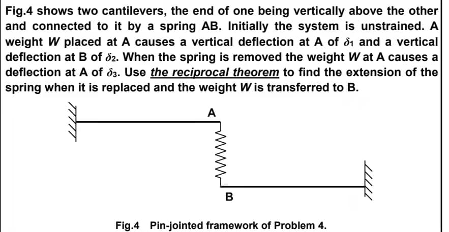 Fig.4 shows two cantilevers, the end of one being vertically above the other
and connected to it by a spring AB. Initially the system is unstrained. A
weight W placed at A causes a vertical deflection at A of d1 and a vertical
deflection at B of d2. When the spring is removed the weight W at A causes a
deflection at A of d3. Use the reciprocal theorem to find the extension of the
spring when it is replaced and the weight Wis transferred to B.
A
в
Fig.4 Pin-jointed framework of Problem 4.

