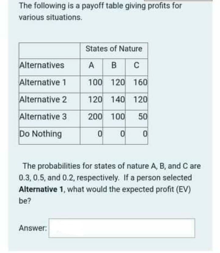 The following is a payoff table giving profits for
various situations.
States of Nature
Alternatives
A B C
Alternative 1
100 120 160
Alternative 2
120 140 120
Alternative 3
200 100
50
Do Nothing
0.
The probabilities for states of nature A, B, and C are
0.3, 0.5, and 0.2, respectively. If a person selected
Alternative 1, what would the expected profit (EV)
be?
Answer:
