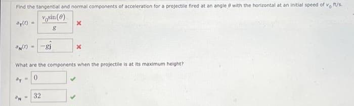 Find the tangential and normal components of acceleration for a projectile fired at an angle with the horizontal at an initial speed of vo ft/s.
vosin(0)
8
a(t) =
an(t)
-gi
M
x
What are the components when the projectile is at its maximum height?
"T" 0
32
x