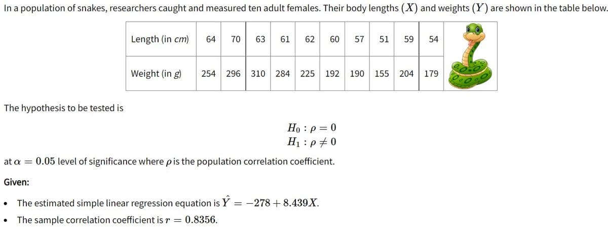In a population of snakes, researchers caught and measured ten adult females. Their body lengths (X) and weights (Y) are shown in the table below.
Length (in cm)
64
70
63
61
62
60
57
51
59
54
Weight (in g)
254
296 310
284
225
192
190
155
204
179
The hypothesis to be tested is
Но : р — 0
H1 : p + 0
at a =
0.05 level of significance where pis the population correlation coefficient.
Given:
The estimated simple linear regression equation is Y = -278 + 8.439X.
The sample correlation coefficient is r =
0.8356.
